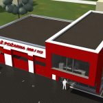 Wizualizacja nowoczesnego budynku koloru biało-czerwonego z napisem Straż pożarna 998/112/ Przed budynkiem czerwony samochód typu pick-up i zarys człowieka