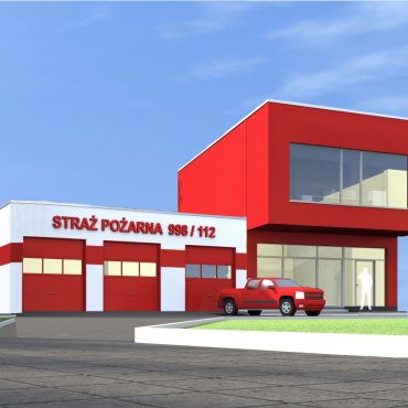 Wizualizacja nowoczesnego budynku koloru biało-czerwonego z napisem Straż pożarna 998/112/ Przed budynkiem czerwony samochód typu pick-up